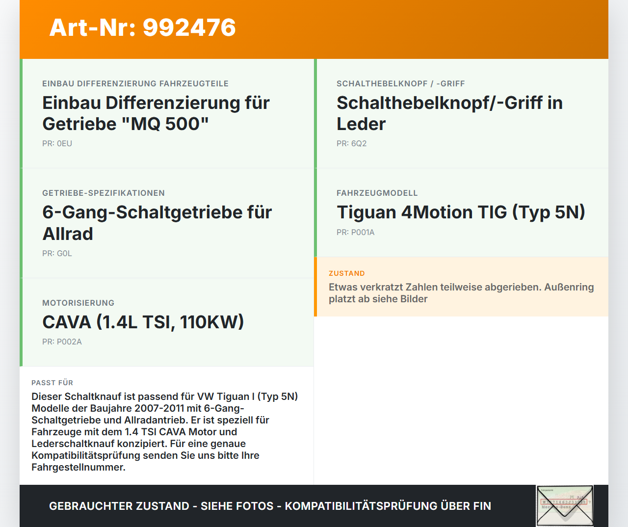 VW Tiguan I 5N 07-11 TSI 1,4 110KW Schaltknauf für Schalthebel Gangschalter 6G VW Tiguan I 5N 07-11 17.06.2010... Vorschau 3