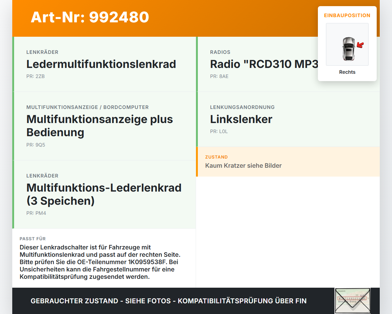 VW Tiguan I 5N 07-11 Lenkradschalter Multifunktionstasten Lenkrad Schalter Rechts VW Tiguan I 5N 07-11 17.06.2010... Vorschau 3