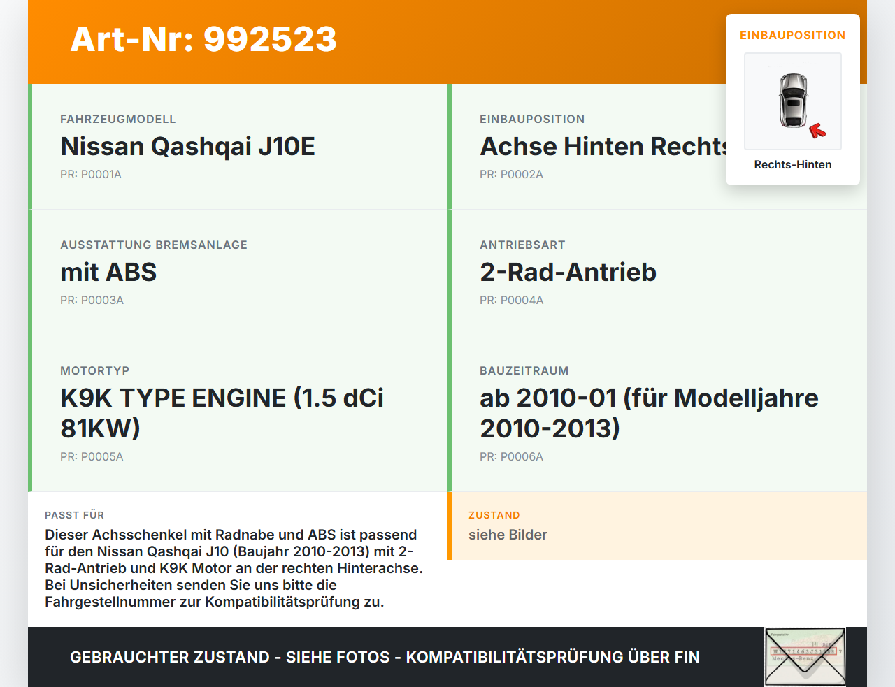Nissan Qashqai J10 10-13 +0 dCi 1.5 81KW Achsschenkel Radnabe mit ABS Rechts Hinten Nissan Qashqai J10 10-13... Vorschau 3