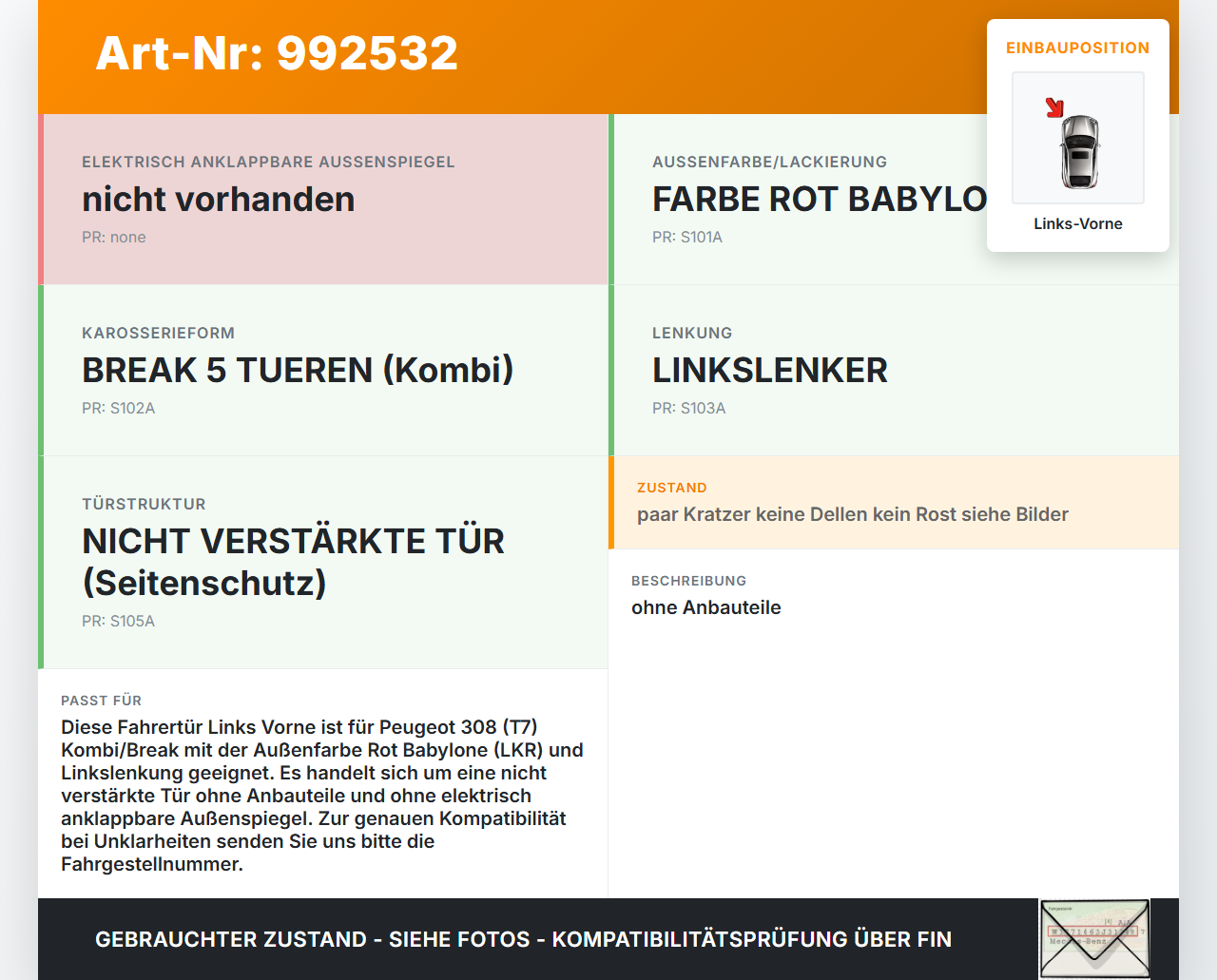Peugeot 308 08-11 Kombi Tür Fahrertür Links Vorne LKR Peugeot 308 08-11 12.06.2009 9009H2 gebraucht Vorschau 3