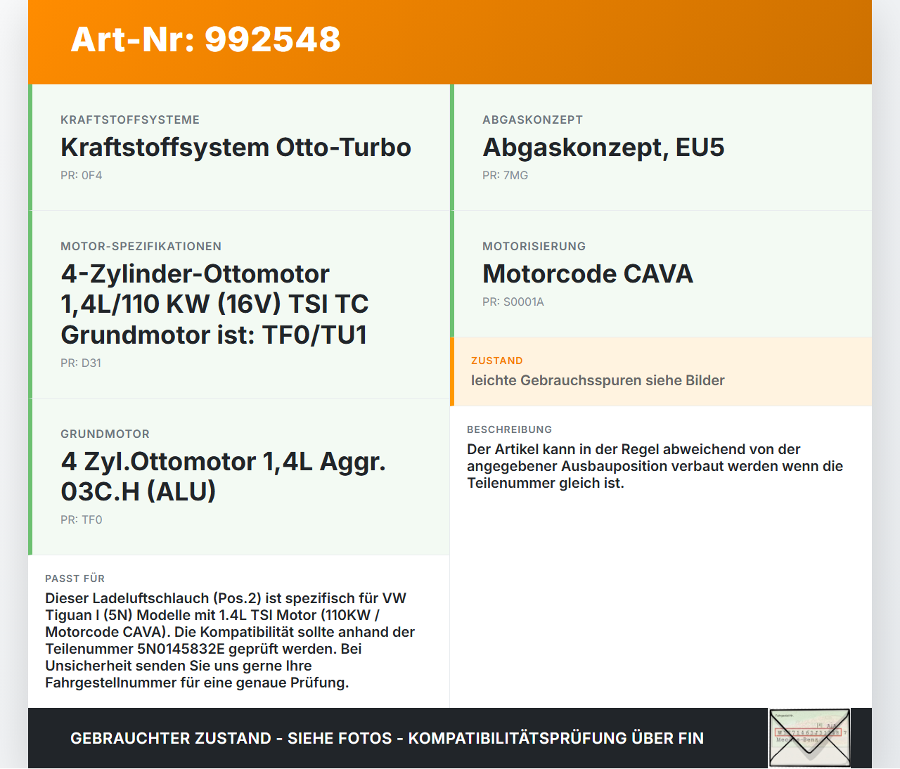 VW Tiguan I 5N 07-11 TSI 1,4 110KW Ansaugrohr Ladeluftschlauch Luftschlauch Pos.2 VW Tiguan I 5N 07-11 17.06.2010... Vorschau 3