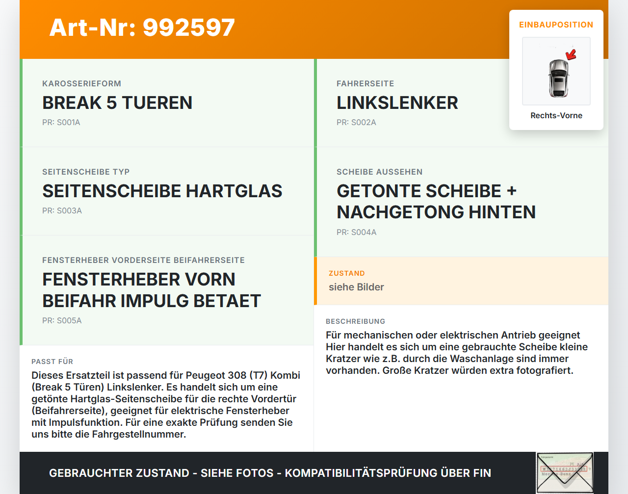 Peugeot 308 08-11 Kombi Seitenscheibe RVK Türscheibe Rechts Vorne Peugeot 308 08-11 12.06.2009 9202K5 gebraucht Vorschau 3