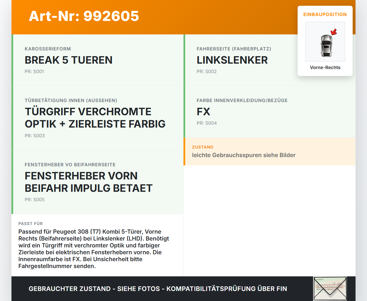 Peugeot 308 08-11 Kombi Türgriff Innen Griffmuschel Vorne Rechts Peugeot 308 08-11 12.06.2009 5G0525380 5G5950277... Vorschau 3
