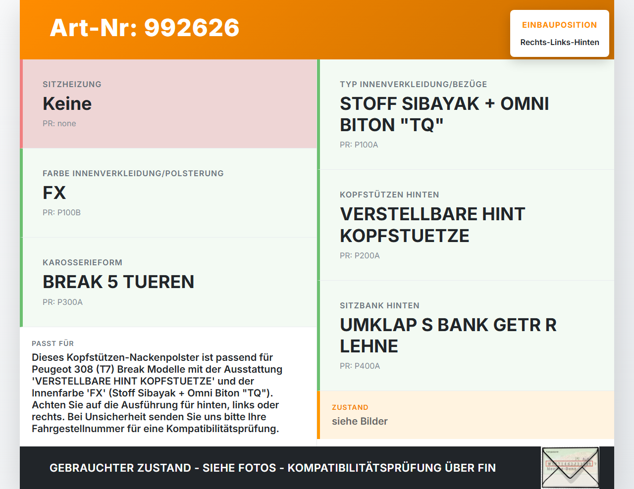 Peugeot 308 08-11 Kopfstütze Rechts oder Links Hinten Peugeot 308 08-11 12.06.2009 8853ZY gebraucht Vorschau 3