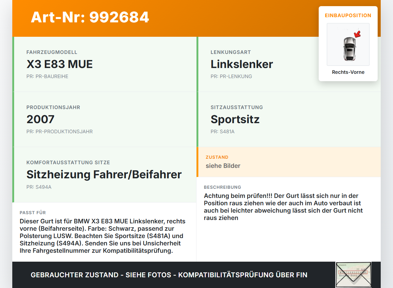BMW X3 E83 06-10 Gurt Sicherheitsgurt Rechts Vorne BMW X3 E83 06-10 04.07.2007 3448358 72113448358 S2344835801G... Vorschau 3