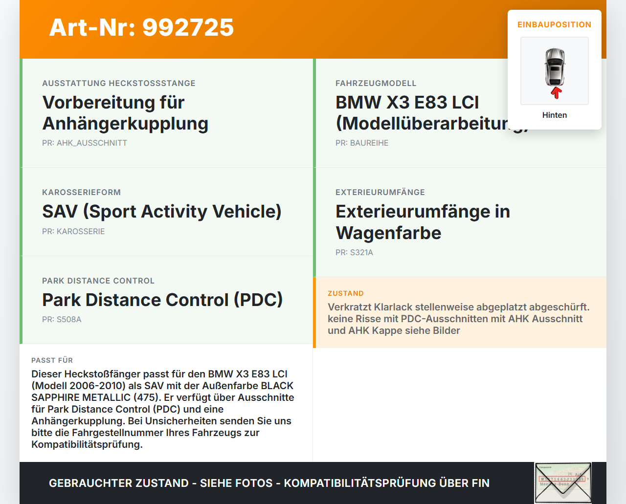 BMW X3 E83 06-10 Stoßstange Stoßfänger Heckstosstange Hinten 475 BMW X3 E83 06-10 04.07.2007 5112-3423777 3423777... Vorschau 3