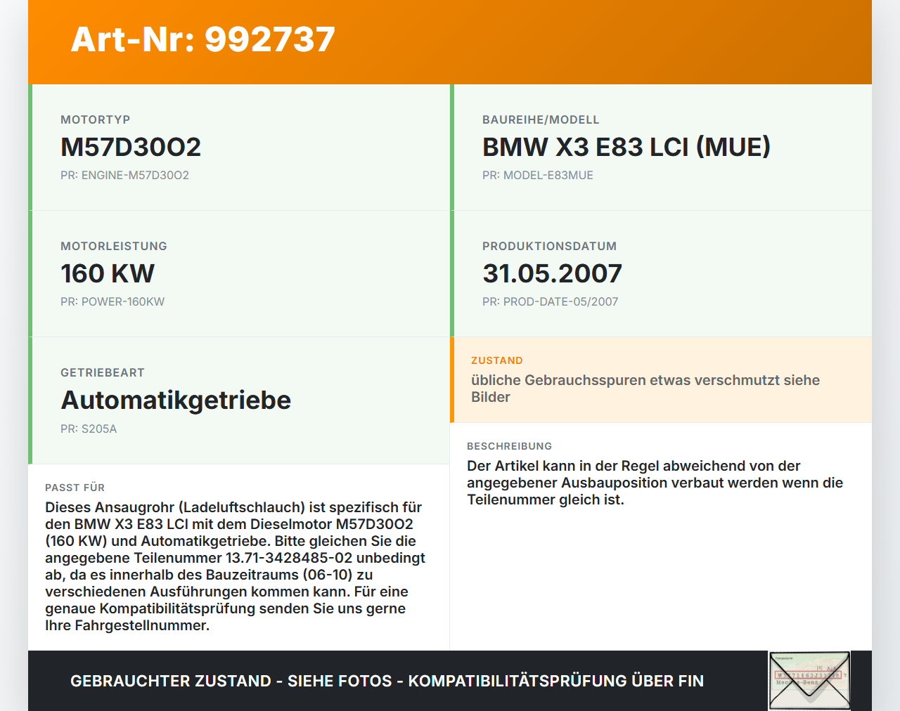 BMW X3 E83 06-10 3,0 160KW Ansaugrohr Ladeluftschlauch Luftschlauch Pos.1 BMW X3 E83 06-10 04.07.2007 3428485... Vorschau 3