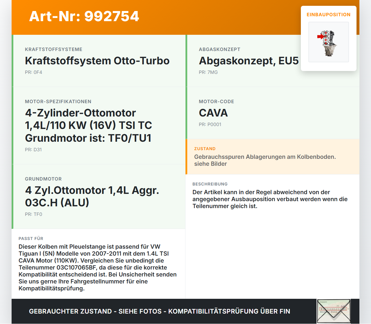 VW Tiguan I 5N 07-11 TSI 1,4 110KW CAVA Kolben mit Pleuelstange Motor VW Tiguan I 5N 07-11 17.06.2010 03C107065BF... Vorschau 3