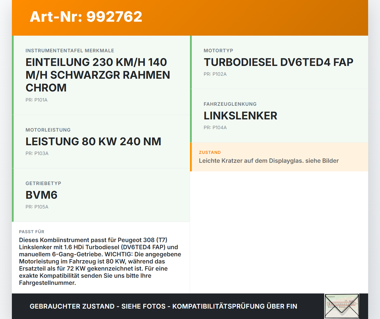 Peugeot 308 08-11 HDi 1,6 72KW Kombiinstrument Tacho Instrumententafel Anzeige Peugeot 308 08-11 12.06.2009 610335... Vorschau 3