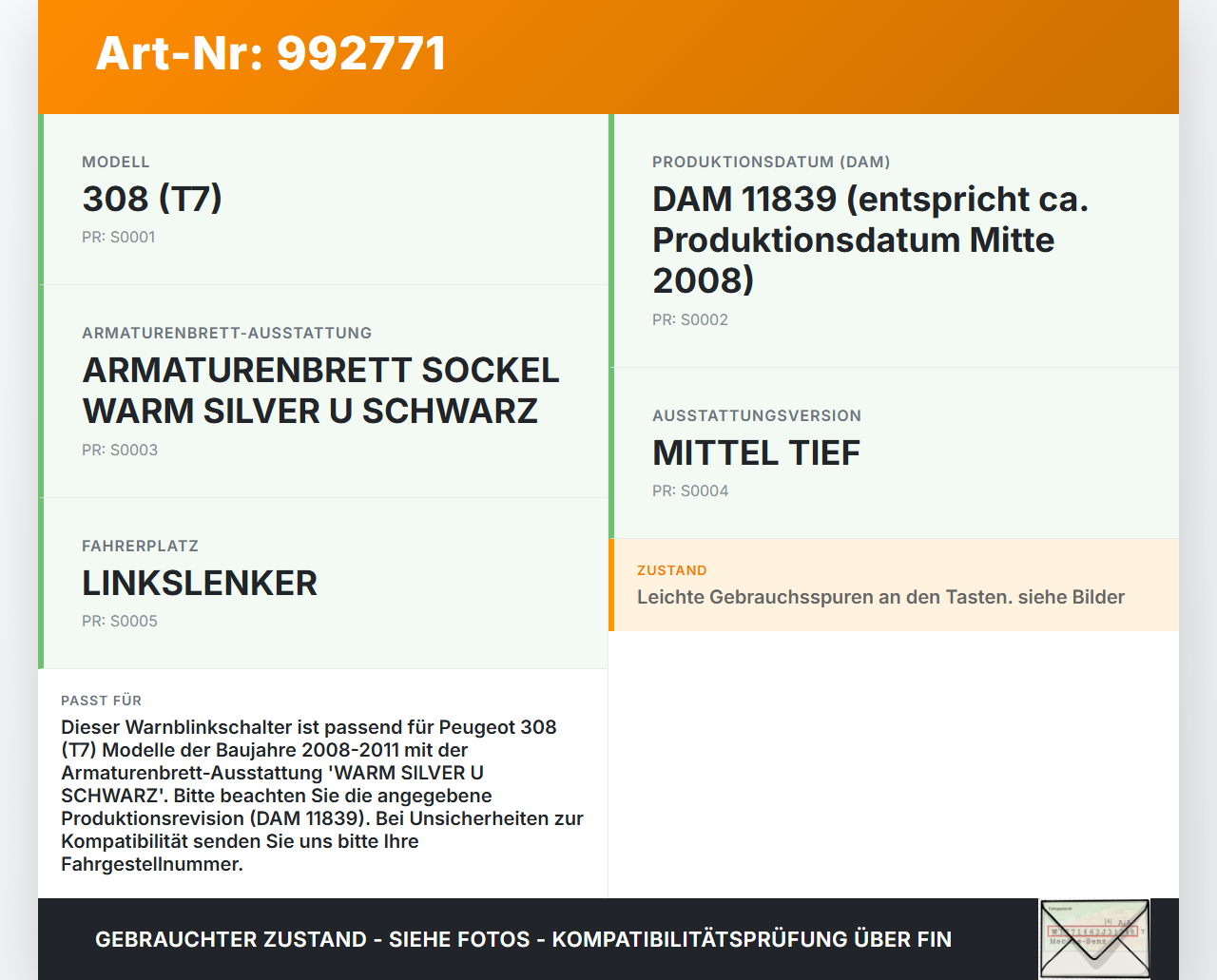 Peugeot 308 08-11 Warnblinkschalter Schalter Peugeot 308 08-11 12.06.2009 9659215177 03069010 gebraucht Vorschau 3