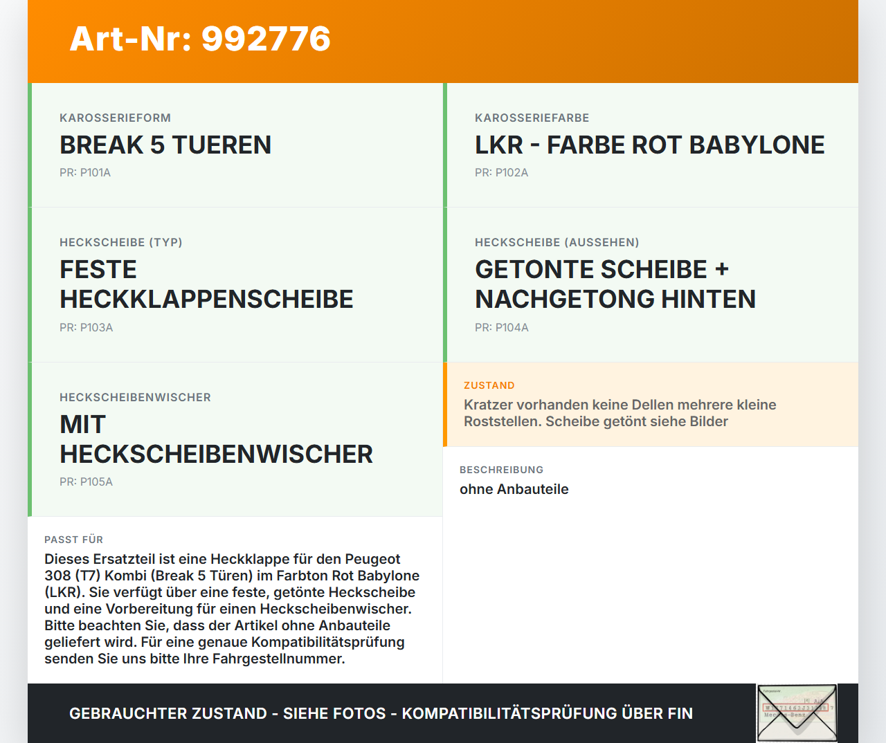 Peugeot 308 08-11 Kombi Heckklappe Kofferraumdeckel LKR Peugeot 308 08-11 12.06.2009 8701AF gebraucht Vorschau 3