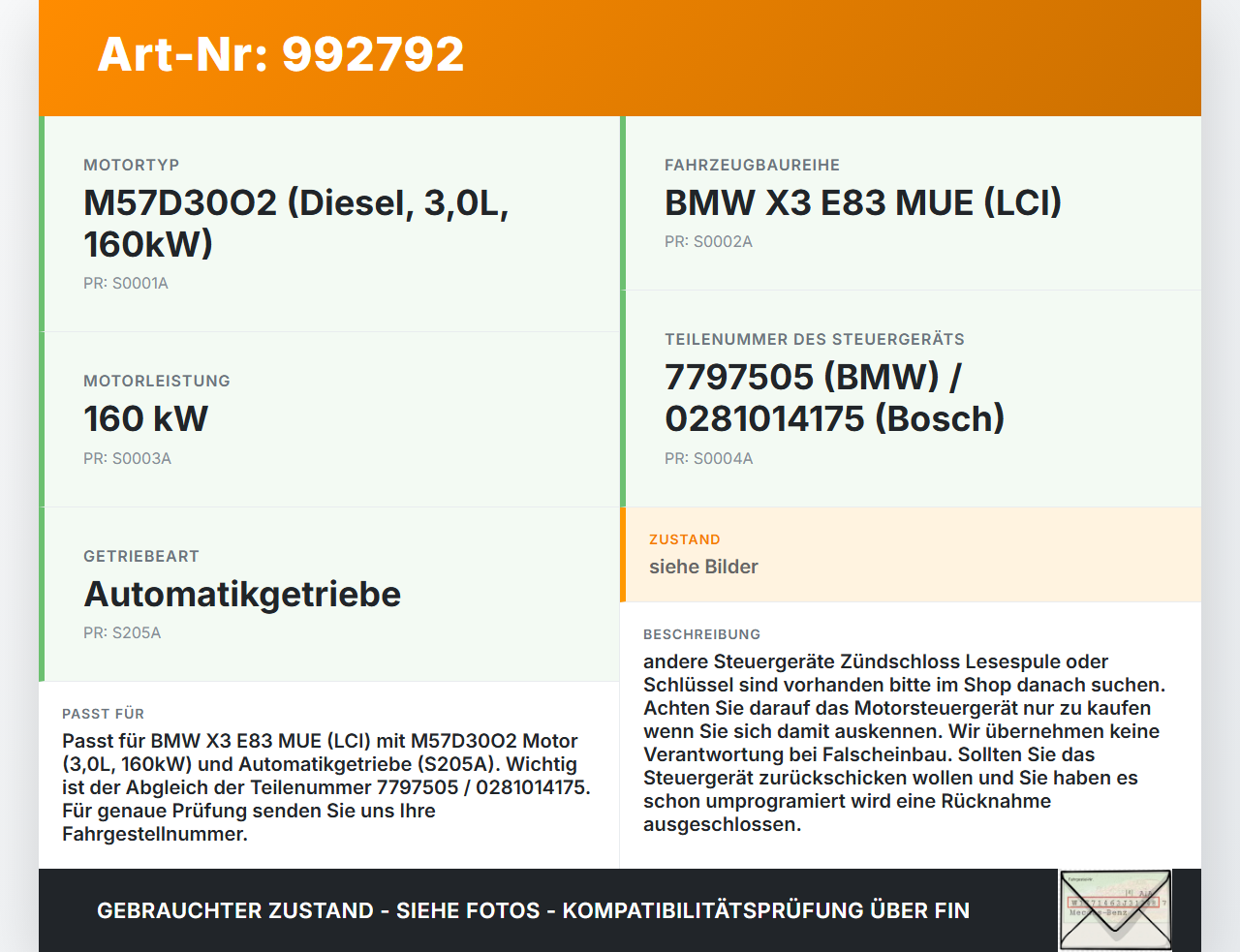 BMW X3 E83 06-10 3,0 160KW Motor Steuergerät ECU Motorsteuergerät BMW X3 E83 06-10 04.07.2007 7808222 13617808222... Vorschau 3