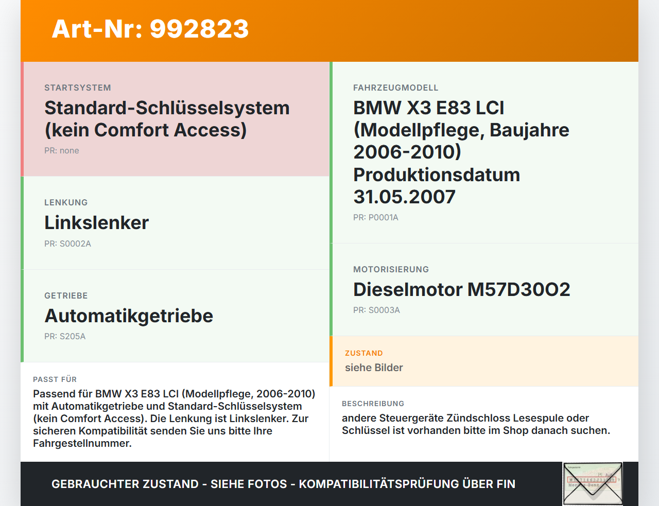 BMW X3 E83 06-10 Zündschalter BMW X3 E83 06-10 04.07.2007 6901961 61326901961 gebraucht Vorschau 3