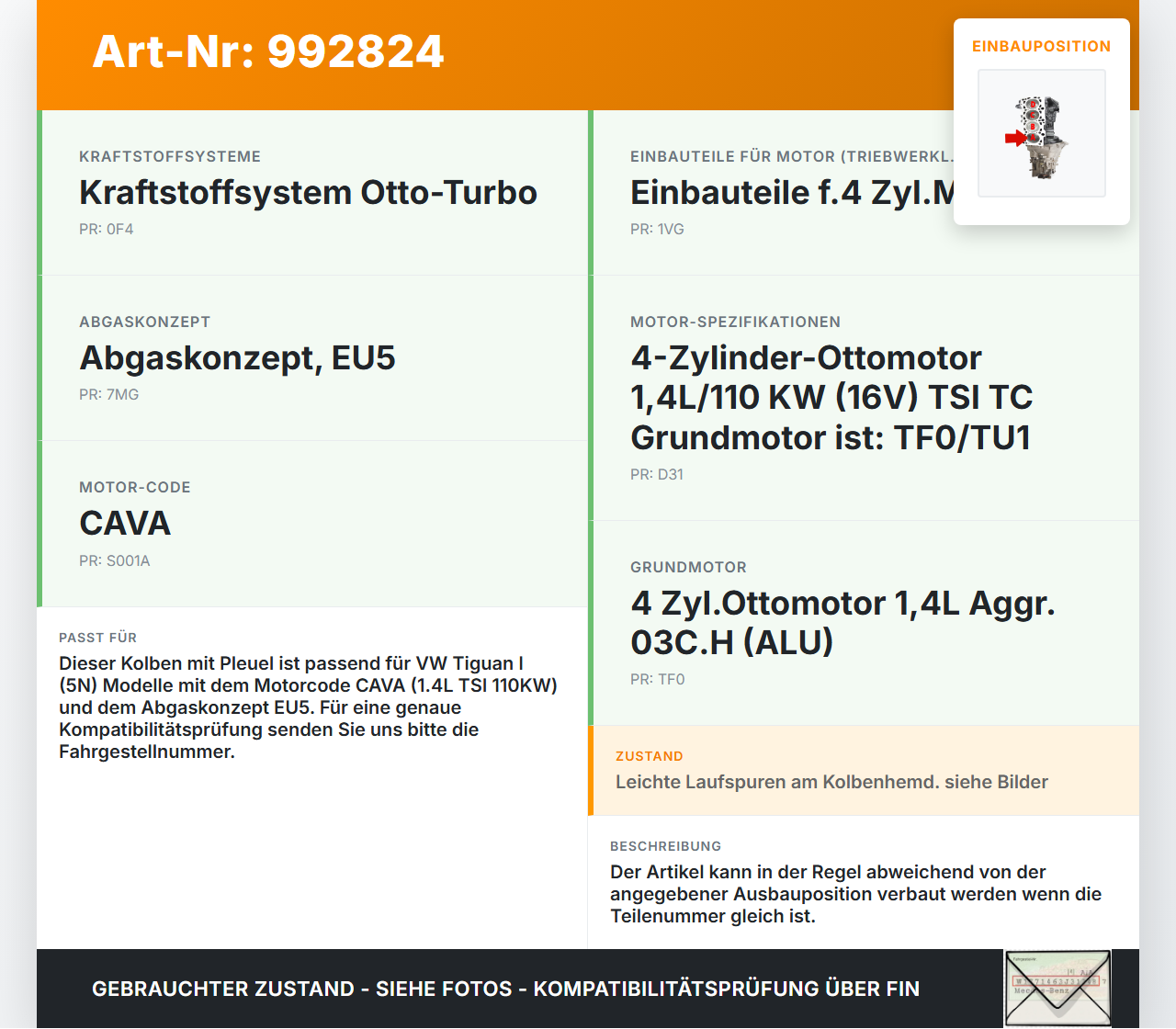 VW Tiguan I 5N 07-11 TSI 1,4 110KW CAVA Kolben mit Pleuel Pos A VW Tiguan I 5N 07-11 17.06.2010 gebraucht Vorschau 3