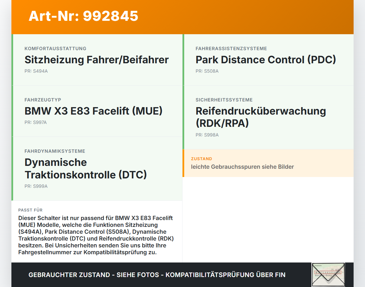 BMW X3 E83 06-10 Schalter für Sitzheizung DTC PDC Off Reifendruckkontrolle BMW X3 E83 06-10 04.07.2007 3421937... Vorschau 3