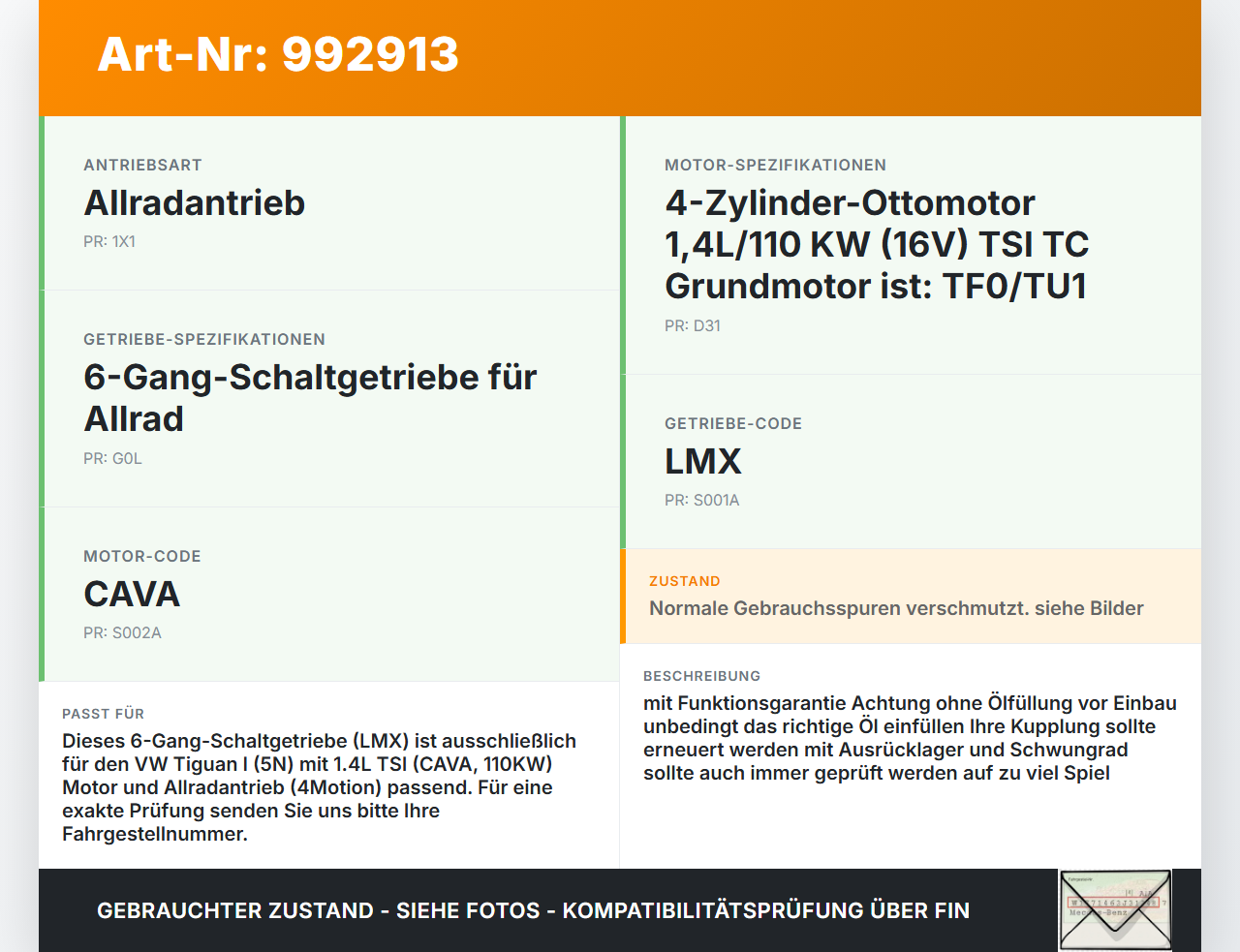 VW Tiguan I 5N 07-11 TSI 1,4 110KW 4WD LMX Schaltgetriebe Getriebe LMV 6G VW Tiguan I 5N 07-11 17.06.2010... Vorschau 3