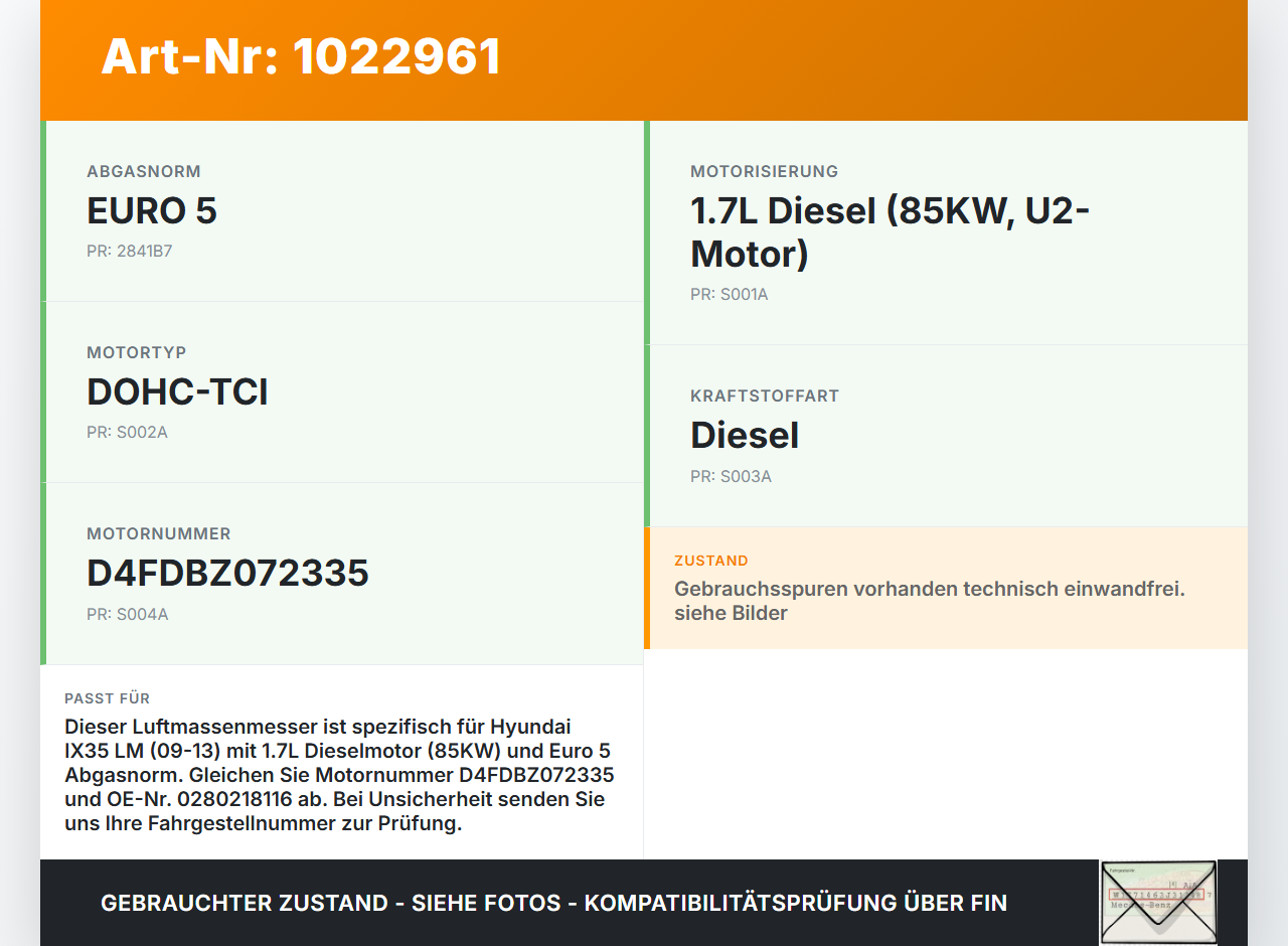 Hyundai IX35 LM 09-13 1,7D 85KW Luftmassenmesser Hyundai IX35 LM 09-13 25.02.2012 0280218116 gebraucht Vorschau 3
