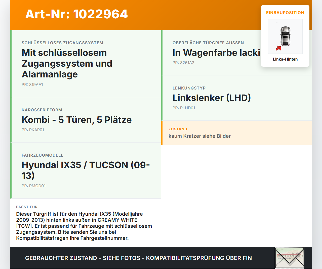Hyundai IX35 LM 09-13 Türgriff Griff aussen Links Hinten TCW Hyundai IX35 LM 09-13 25.02.2012 gebraucht Vorschau 3