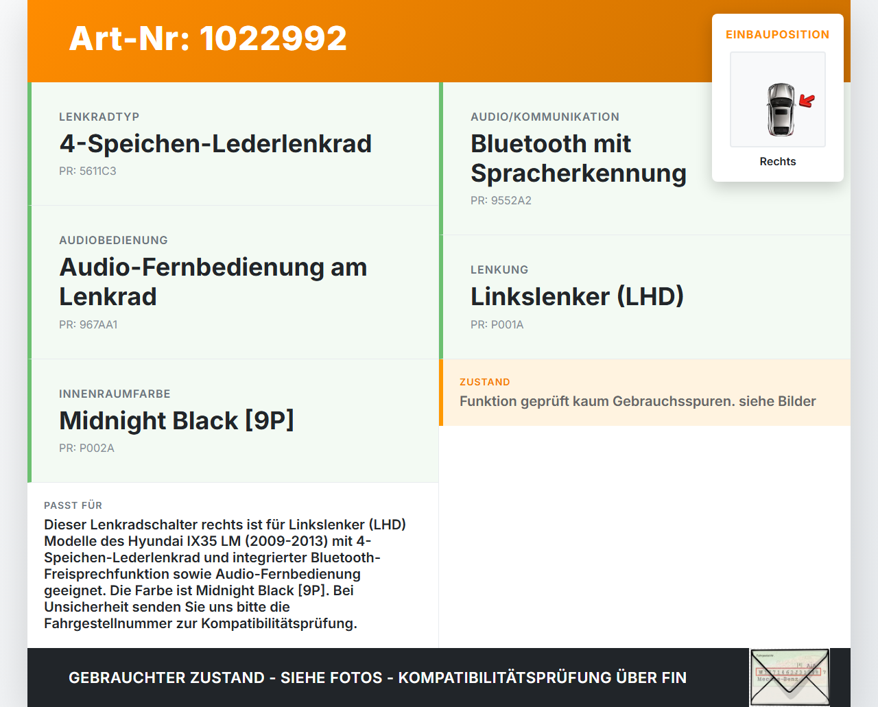 Hyundai IX35 LM 09-13 Lenkradschalter Freisprech Funktion Lenkrad Schalter Rechts Hyundai IX35 LM 09-13 25.02.2012... Vorschau 3