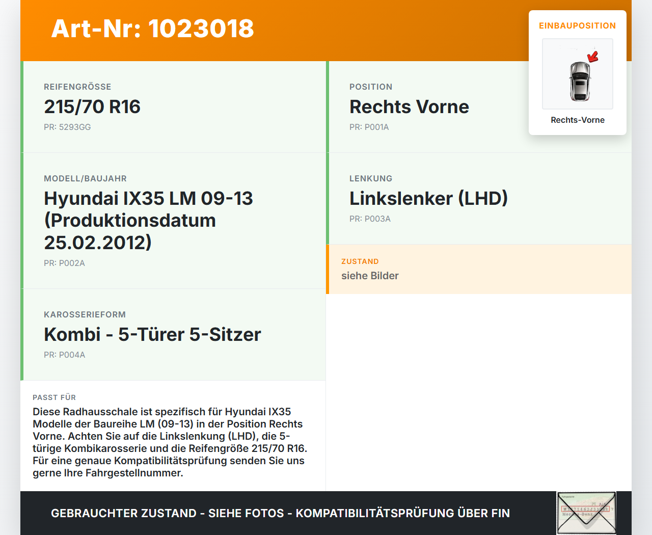 Hyundai IX35 LM 09-13 Verkleidung Radhausschale Rechts Vorne Kotflügel Hyundai IX35 LM 09-13 25.02.2012 gebraucht Vorschau 3