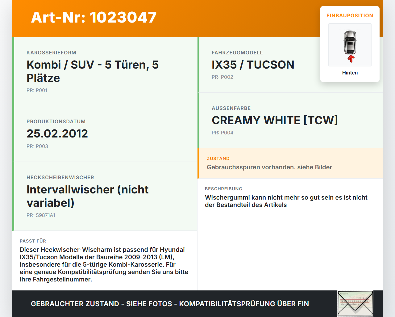 Hyundai IX35 LM 09-13 Heckwischer Scheibenwischer Hinten Wischarm Hyundai IX35 LM 09-13 25.02.2012 988111H000 gebraucht Vorschau 3