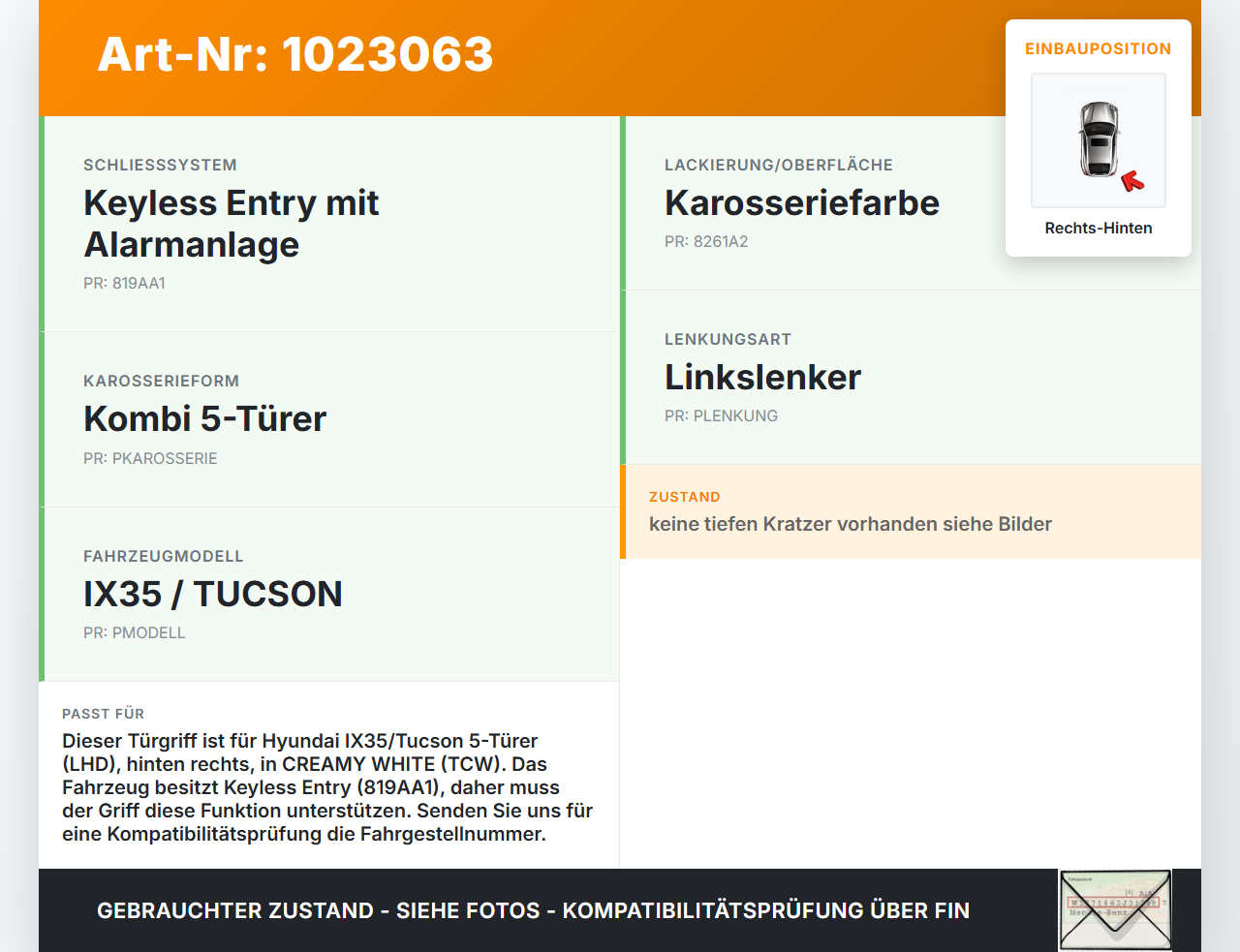 Hyundai IX35 LM 09-13 Türgriff Griff aussen Rechts Hinten TCW Hyundai IX35 LM 09-13 25.02.2012 gebraucht Vorschau 3