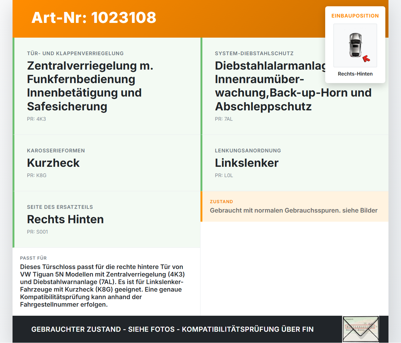 VW Tiguan 5N 07-11 Türschloss Zentralisierung m. ZV Stellmotor Rechts Hinten VW Tiguan 5N 07-11 25.09.2009... Vorschau 3