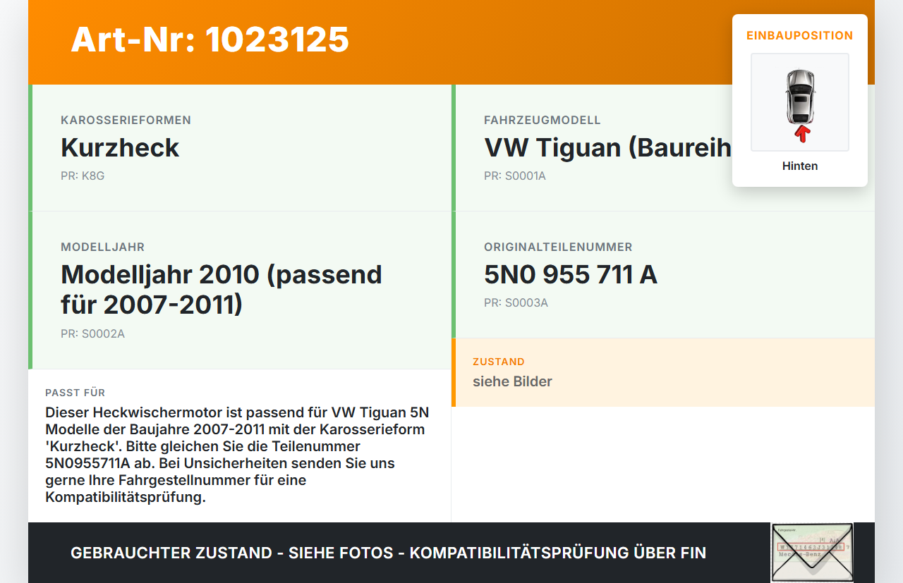 VW Tiguan 5N 07-11 Wischermotor Hinten Heckwischermotor VW Tiguan 5N 07-11 25.09.2009 5N0955711A W000002310 gebraucht Vorschau 3
