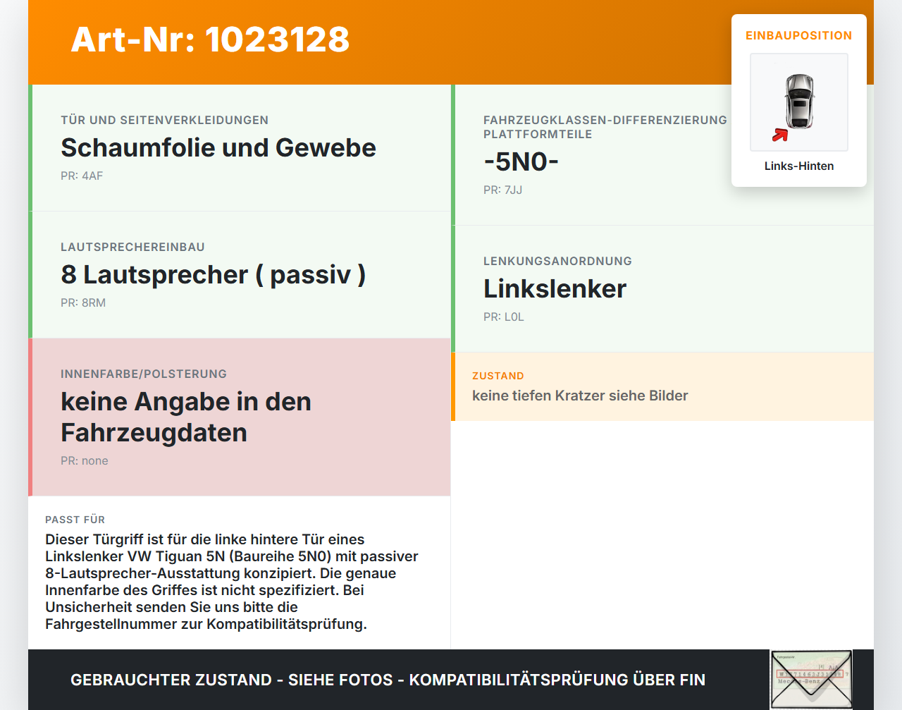 VW Tiguan 5N 07-11 Türgriff Griffmuschel Griff Innen Links Hinten mit Hochtöner VW Tiguan 5N 07-11 25.09.2009... Vorschau 3