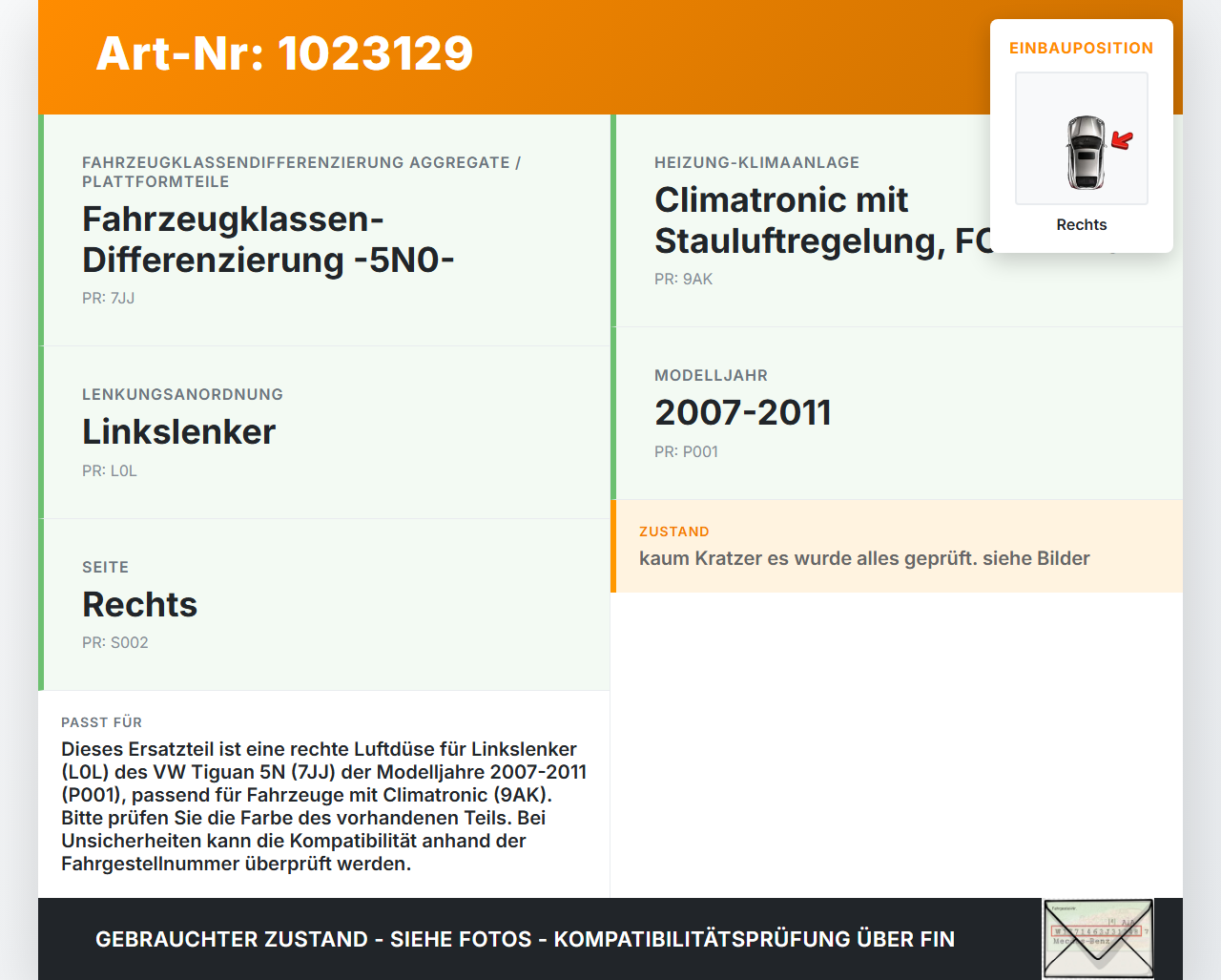 VW Tiguan 5N 07-11 Luftdusche Luftdüse Rechts VW Tiguan 5N 07-11 25.09.2009 5N0819704 5N0819193A gebraucht Vorschau 3
