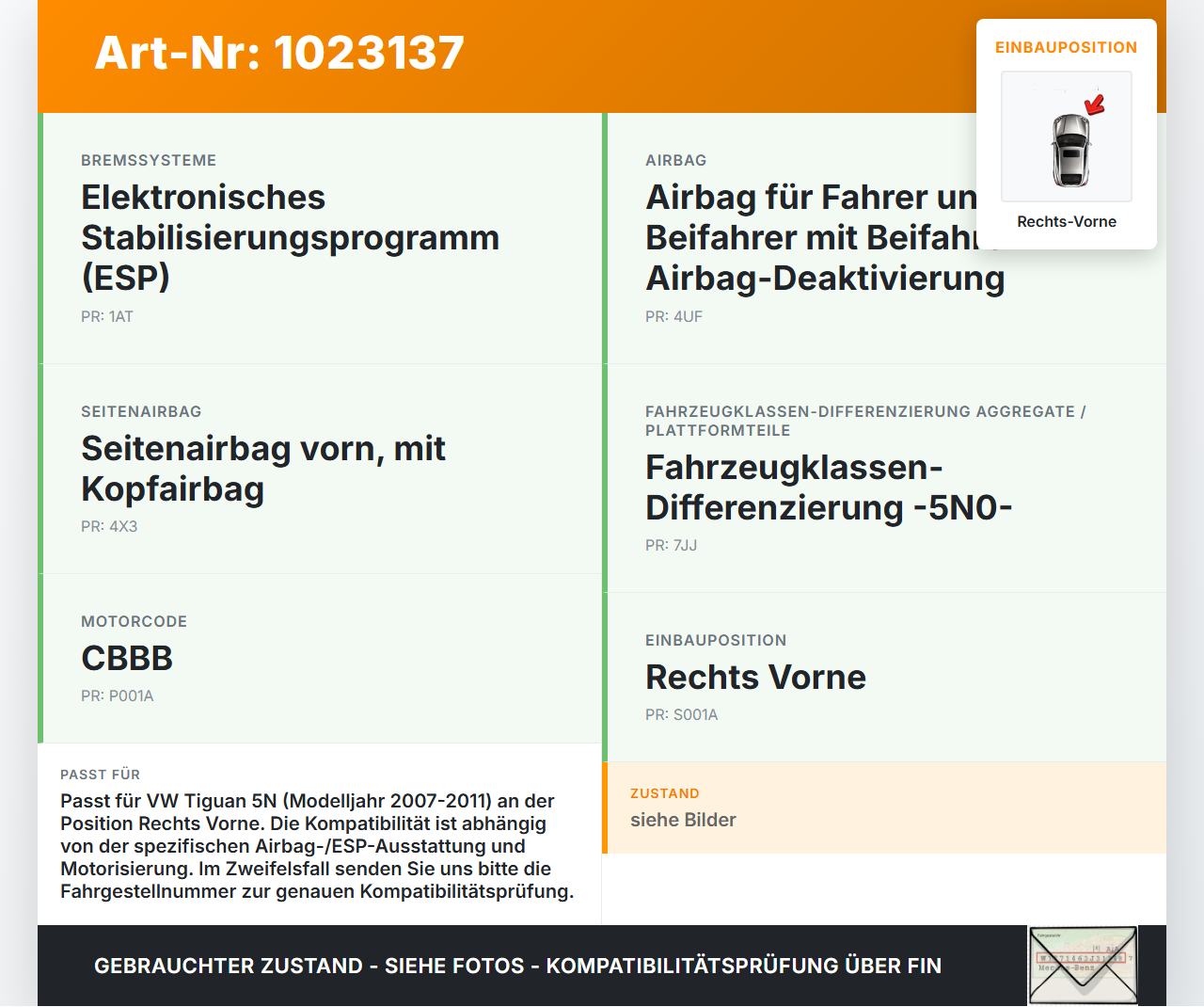 VW Tiguan 5N 07-11 Airbagsensor Crashsensor Sensor Rechts Vorne VW Tiguan 5N 07-11 25.09.2009 46090303 31693870KT... Vorschau 3
