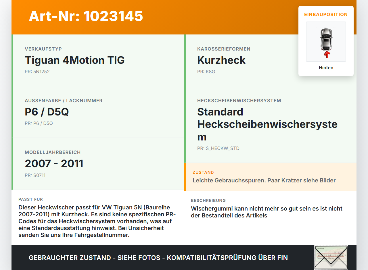 VW Tiguan 5N 07-11 Heckwischer Scheibenwischer Hinten Wischarm VW Tiguan 5N 07-11 25.09.2009 1T0955707C gebraucht Vorschau 3
