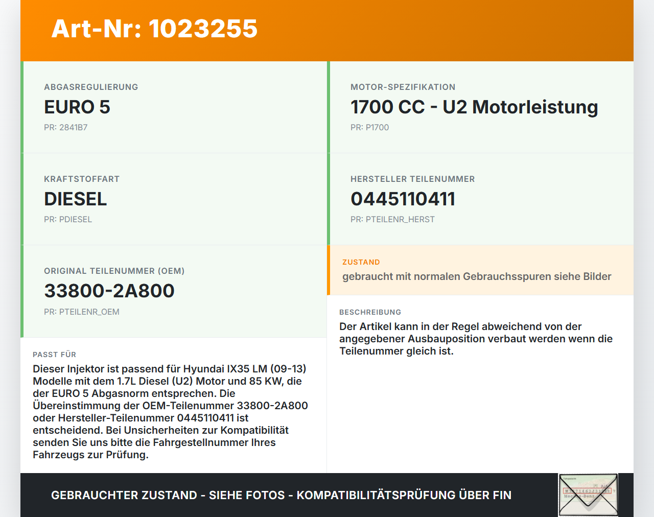 Hyundai IX35 LM 09-13 1,7D 85KW Injektor Einspritzdüse Zyl.4 Hyundai IX35 LM 09-13 25.02.2012 33800-2A800... Vorschau 3
