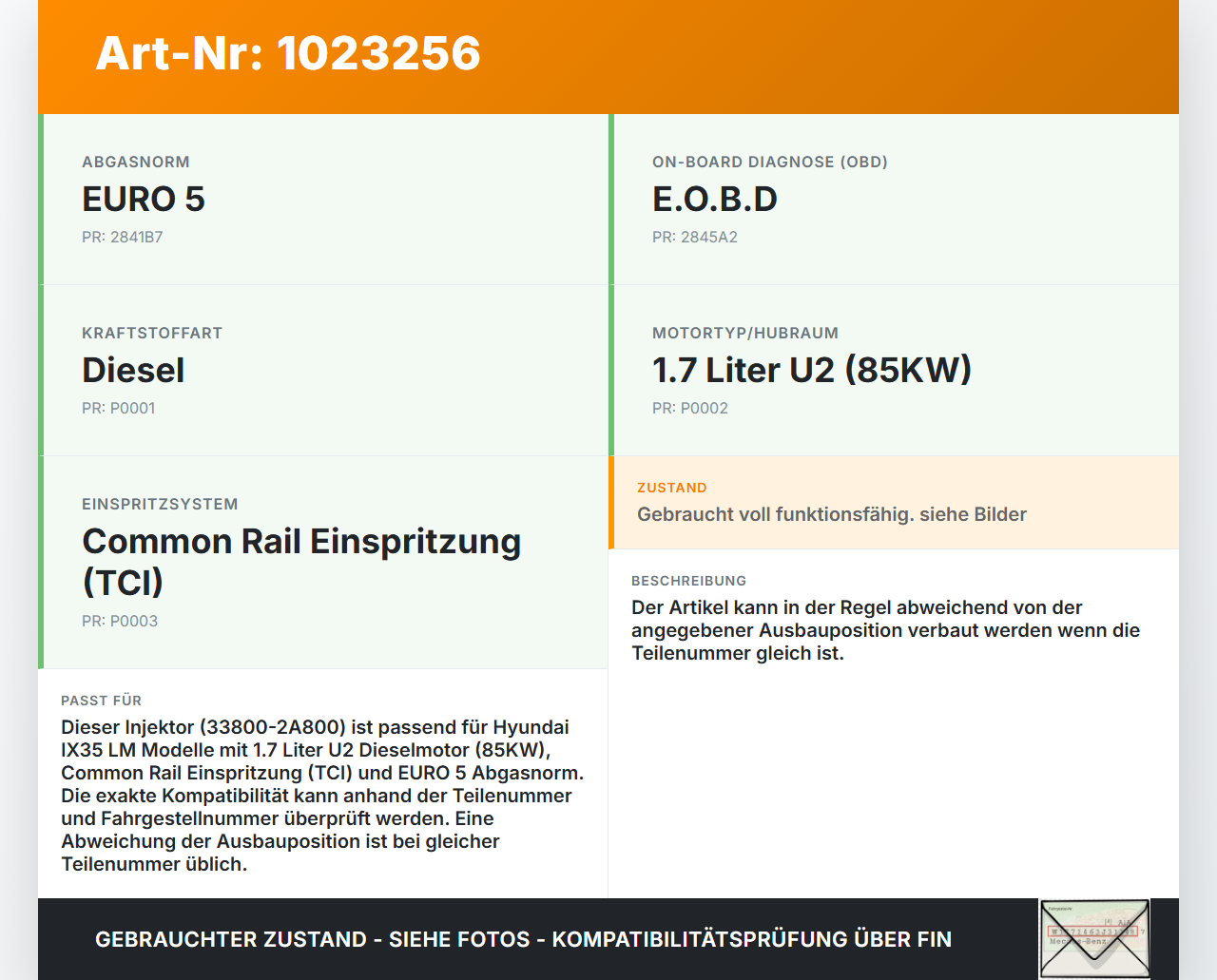 Hyundai IX35 LM 09-13 1,7D 85KW Injektor Einspritzdüse Zyl.1 Hyundai IX35 LM 09-13 25.02.2012 33800-2A800... Vorschau 3
