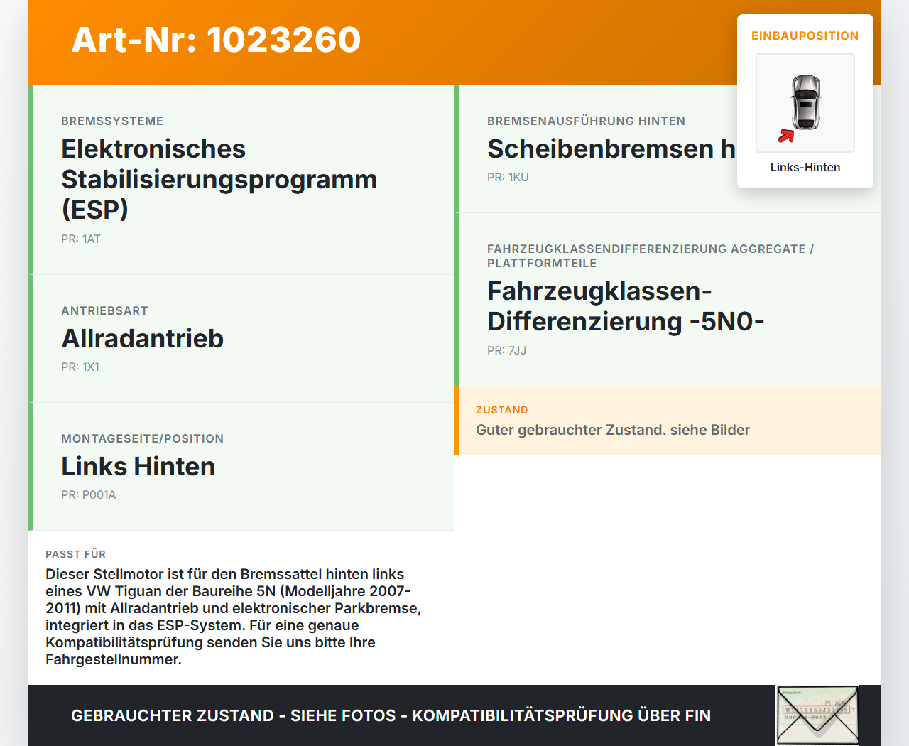 VW Tiguan 5N 07-11 Stellmotor für Bremssattel Links Hinten VW Tiguan 5N 07-11 25.09.2009 3C0998281A gebraucht Vorschau 3