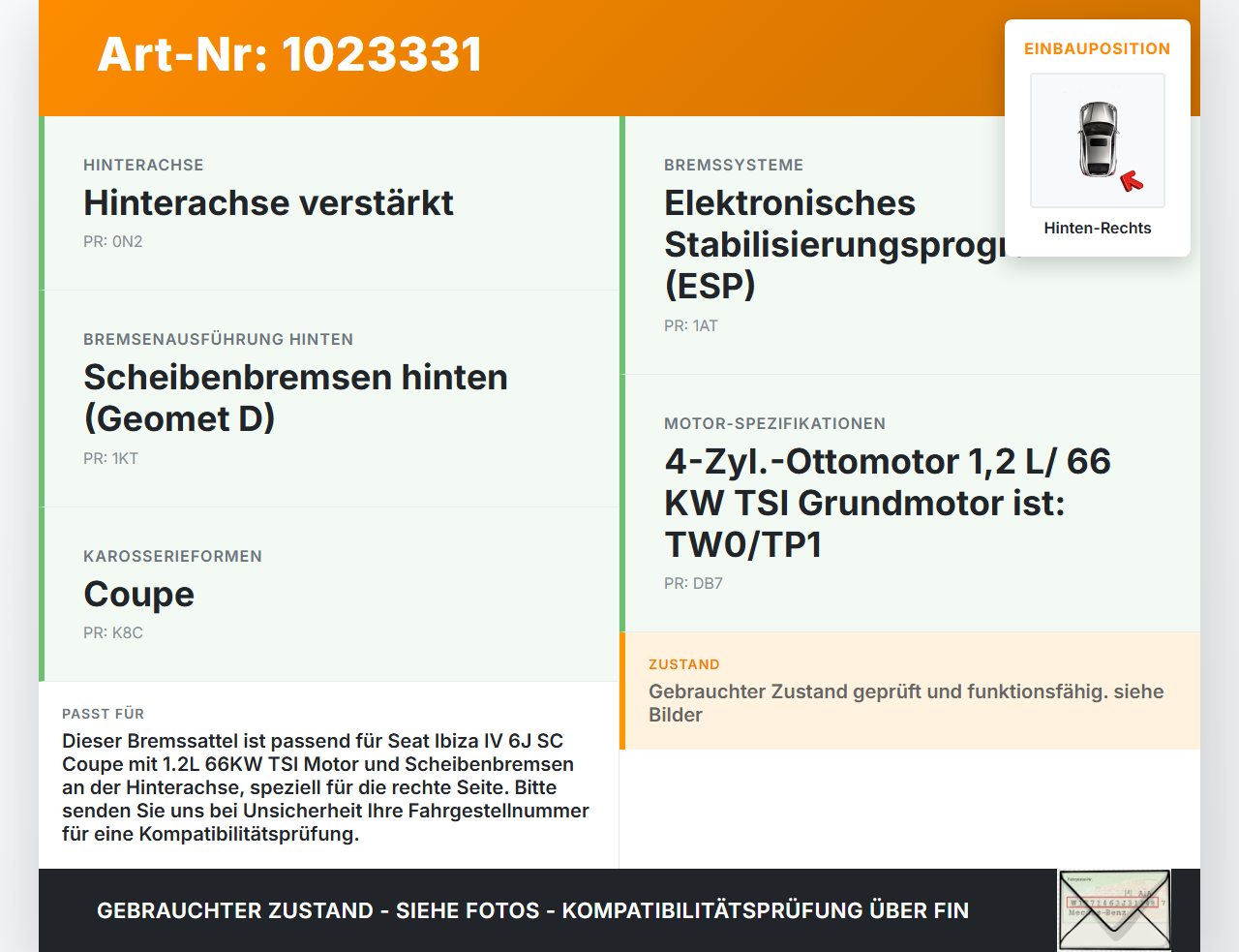 Seat Ibiza IV 6J SC 12-15 TSI 1,2 66KW Bremssattel Bremszange Hinten Rechts Seat Ibiza IV 6J SC 12-15 22.06.2015... Vorschau 3