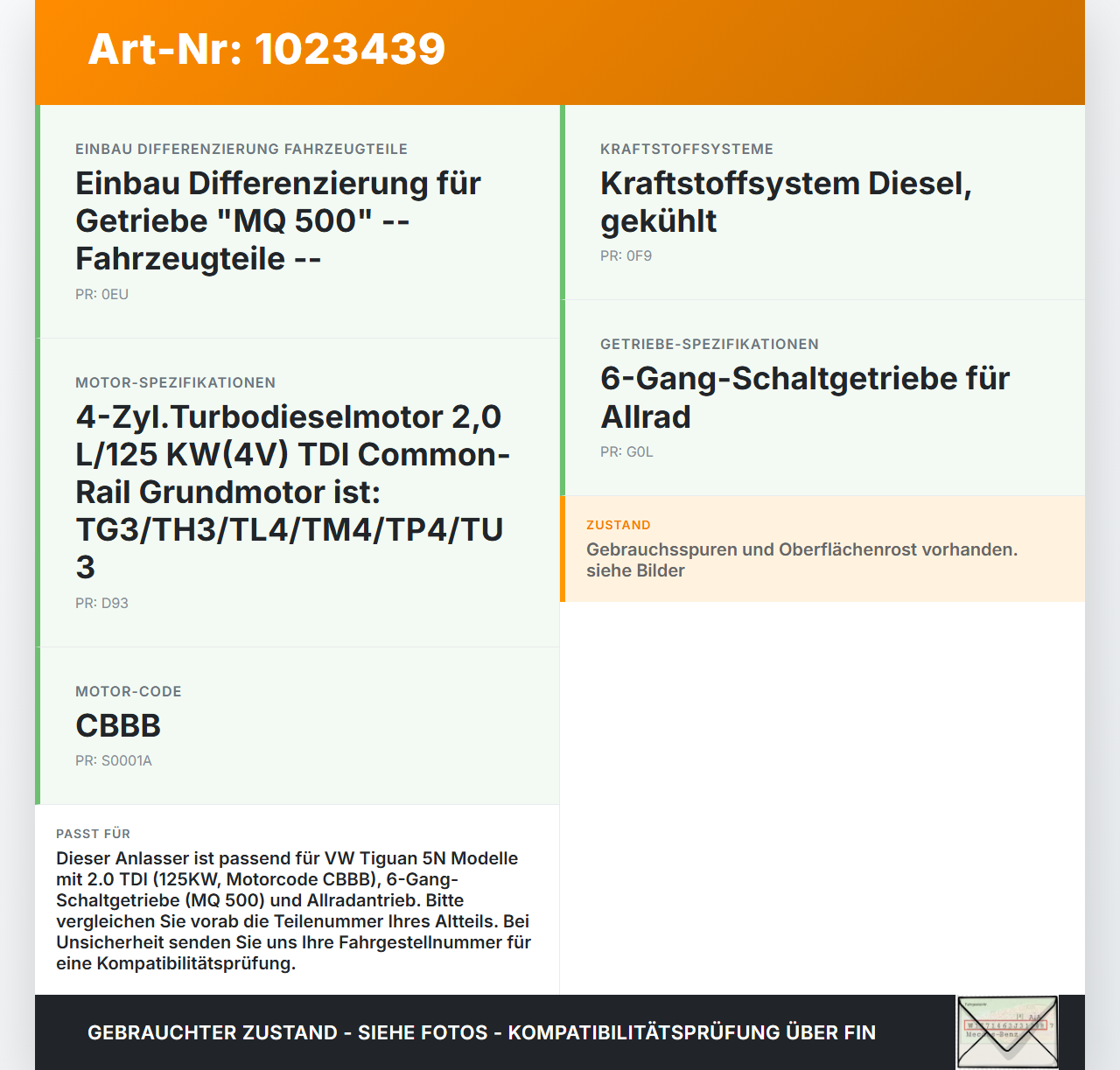 VW Tiguan 5N 07-11 TDI 2,0 125KW Anlasser Starter VW Tiguan 5N 07-11 25.09.2009 02M911024X gebraucht Vorschau 3