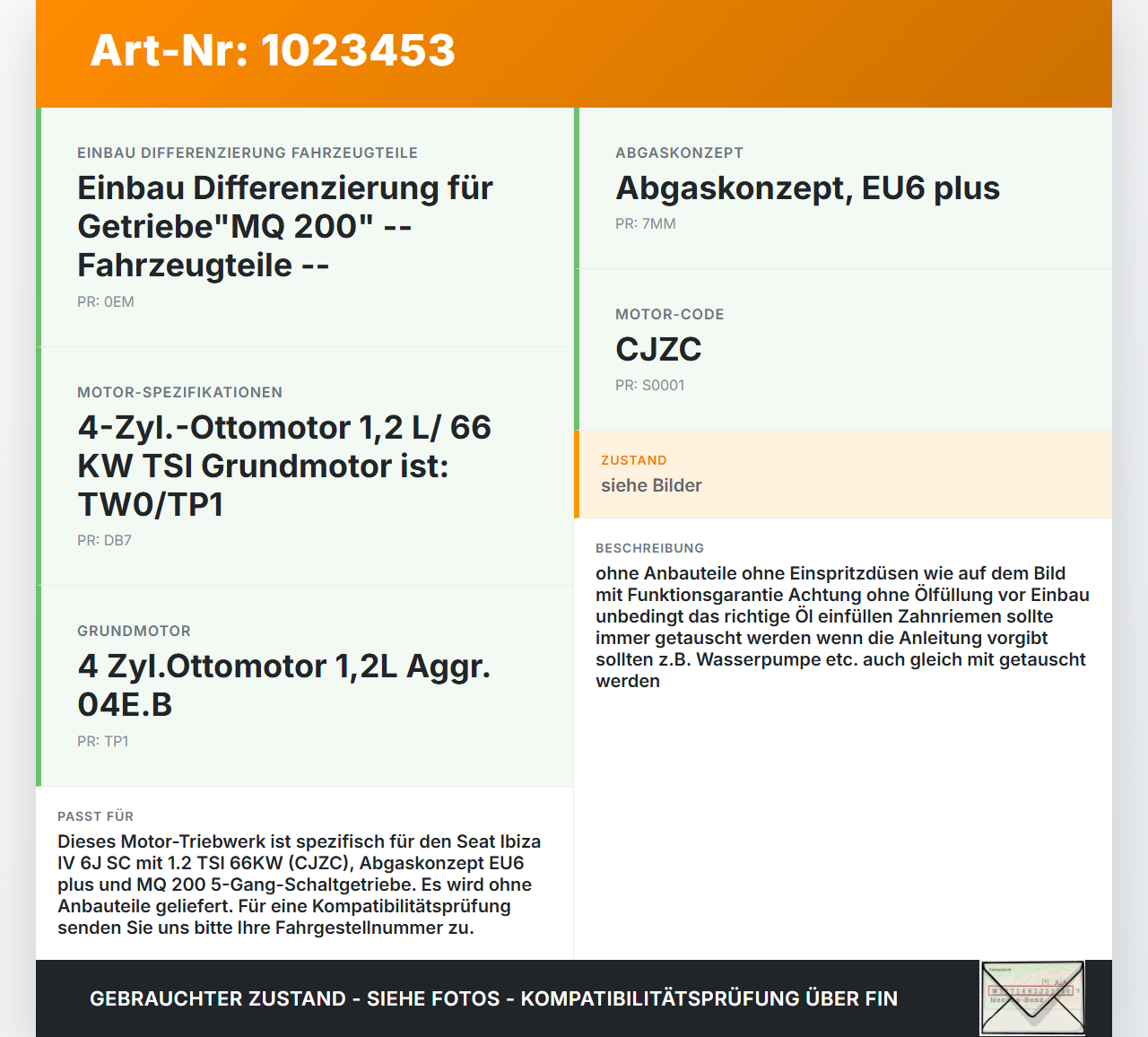 Seat Ibiza IV 6J SC 12-15 TSI 1,2 66KW CJZC Motor Triebwerk Seat Ibiza IV 6J SC 12-15 22.06.2015 gebraucht Vorschau 3