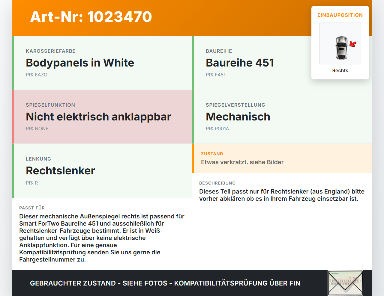 Smart ForTwo 451 07-10 RHD Spiegel Aussenspiegel Rechts mech. EAZ Smart ForTwo 451 07-10 01.12.2009 A4518102216... Vorschau 3