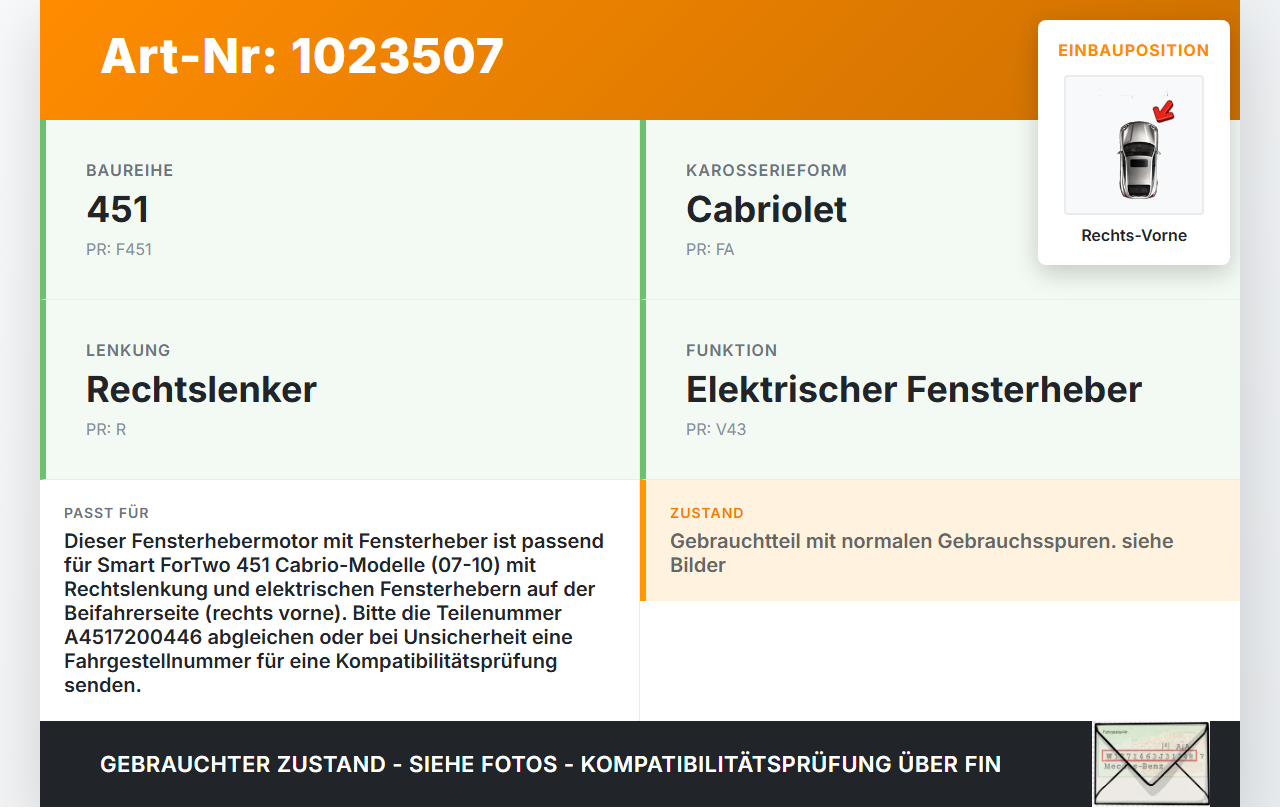 Smart ForTwo 451 07-10 Cabrio Fensterhebermotor mit Fensterheber Rechts Vorne Smart ForTwo 451 07-10 01.12.2009... Vorschau 3