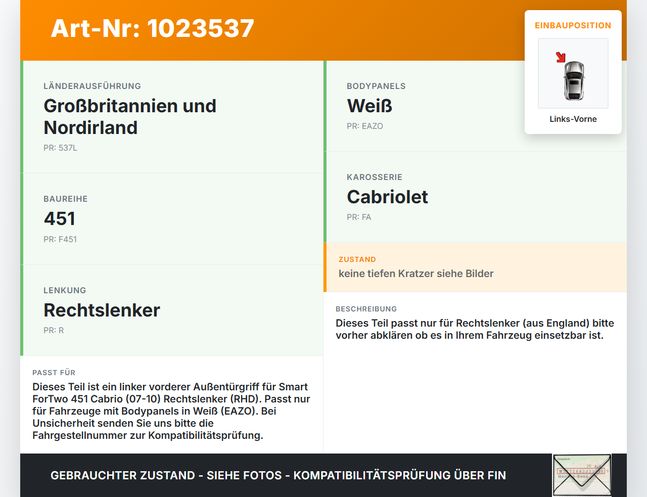 Smart ForTwo 451 07-10 Cabrio RHD Türgriff Griff aussen Links Vorne EAZ Smart ForTwo 451 07-10 01.12.2009... Vorschau 3