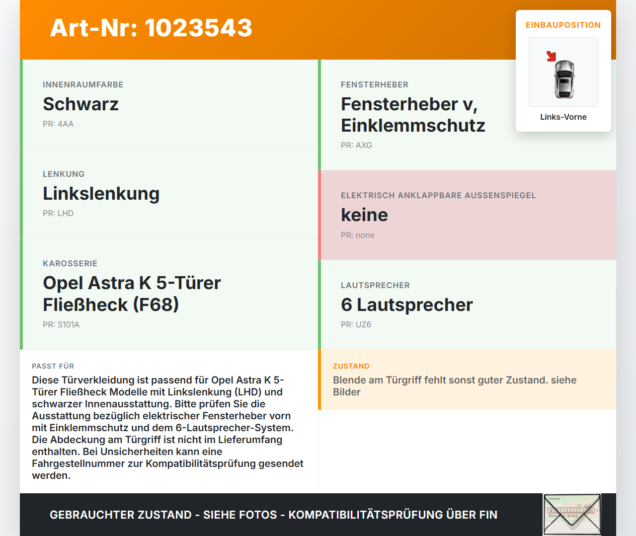 Opel Astra K 19-21 5T Türverkleidung Türpappe Links Vorne Opel Astra K 19-21 26.01.2021 39145570 3182529-6 1591151... Vorschau 3
