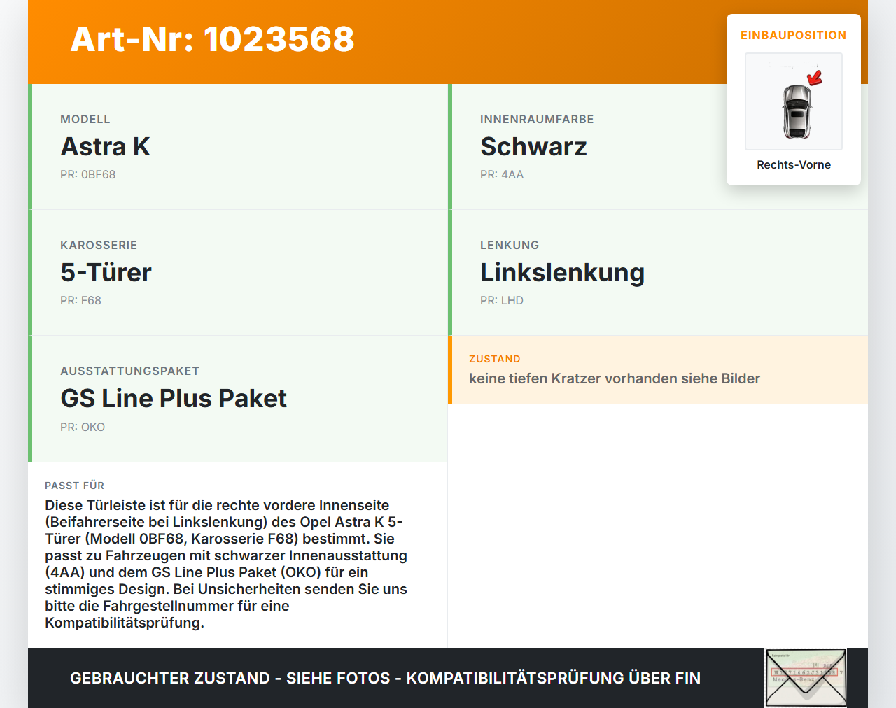 Opel Astra K 19-21 5T Türleiste Rechts Vorne Innen G1R Opel Astra K 19-21 26.01.2021 39068926 gebraucht Vorschau 3