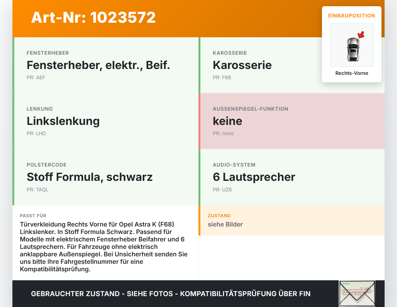 Opel Astra K 19-21 5T Türverkleidung Türpappe Rechts Vorne Opel Astra K 19-21 26.01.2021 gebraucht Vorschau 3