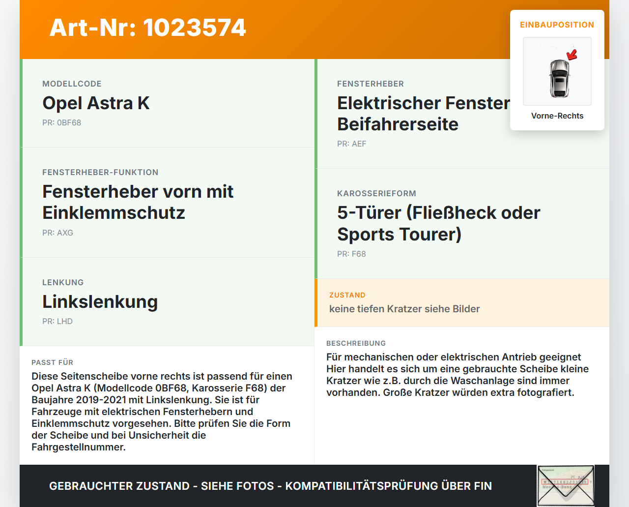 Opel Astra K 19-21 5T Seitenscheibe Türscheibe Vorne Rechts Opel Astra K 19-21 26.01.2021 gebraucht Vorschau 3