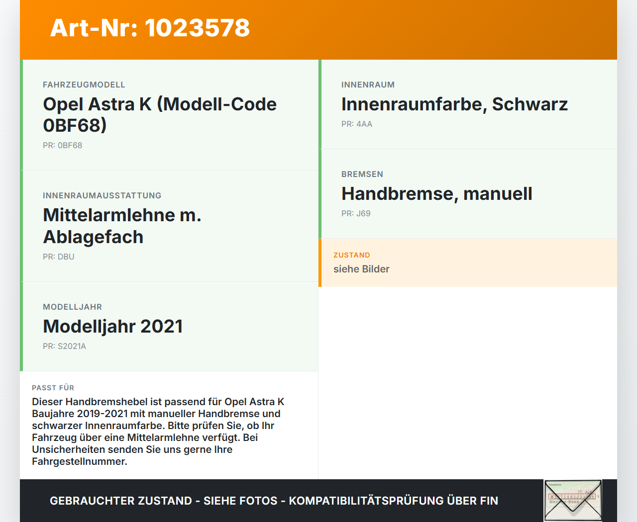 Opel Astra K 19-21 Handbremshebel Hebel für Handbremse Bremshebel Opel Astra K 19-21 26.01.2021 13495685 gebraucht Vorschau 3