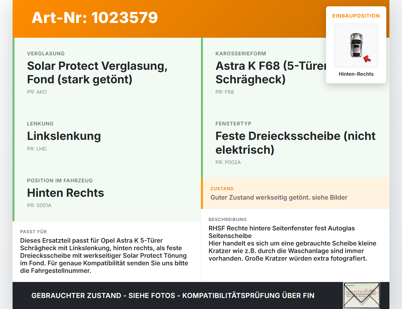 Opel Astra K 19-21 5T Fensterrahmen mit Seitenscheibe Dreieck Scheibe Hinten Rechts Opel Astra K 19-21 26.01.2021... Vorschau 3