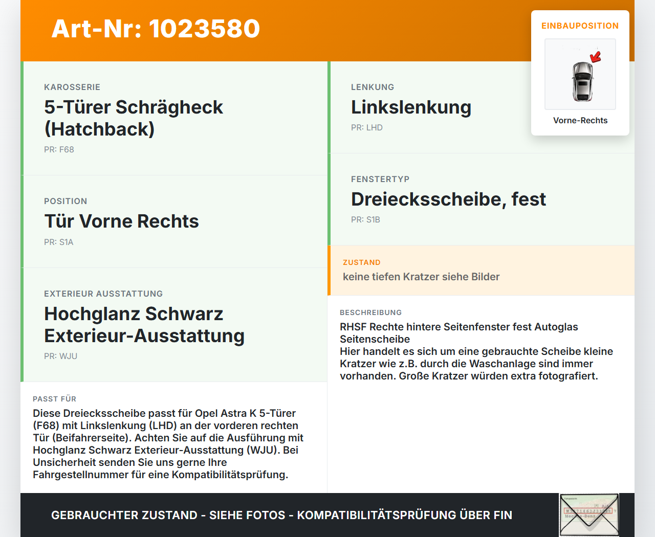 Opel Astra K 19-21 5T Dreiecksscheibe Seitenscheibe Tür Vorne Rechts Opel Astra K 19-21 26.01.2021 gebraucht Vorschau 3