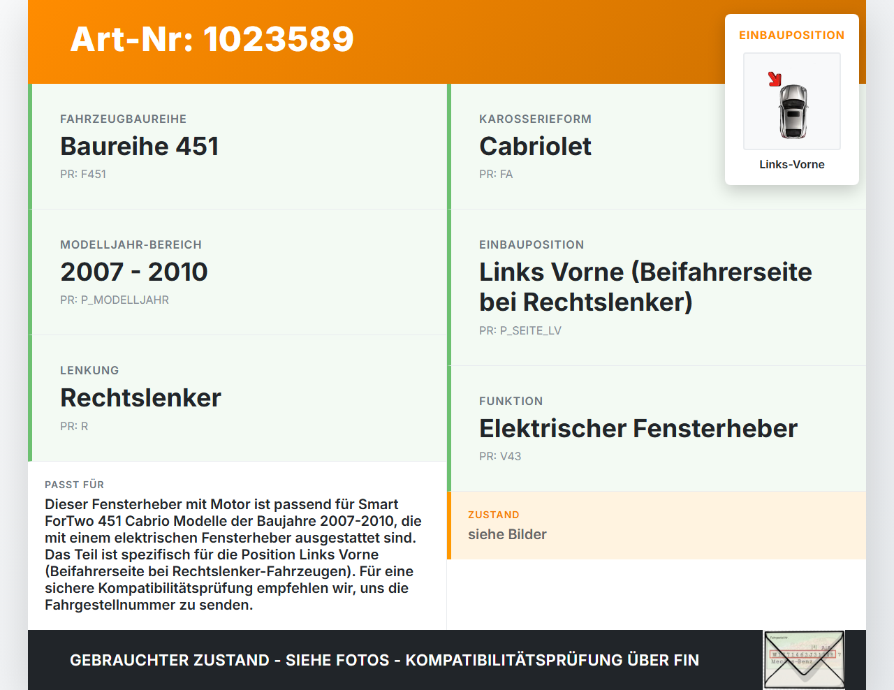 Smart ForTwo 451 07-10 Cabrio Fensterheber mit FH-Motor Links Vorne Smart ForTwo 451 07-10 01.12.2009 988875-103... Vorschau 3