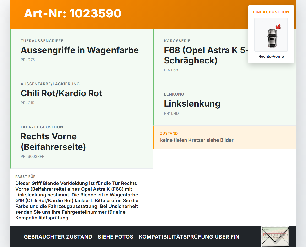Opel Astra K 19-21 5T Griff Blende Verkleidung für Tür Rechts Vorne Opel Astra K 19-21 26.01.2021 gebraucht Vorschau 3